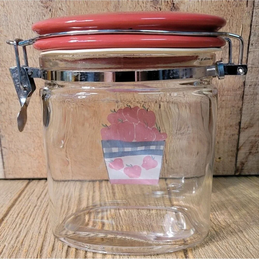 Canning Glass Jar Flip Red Ceramic Top Wire Clasp Vintage 6.5 Inches Tall Gift